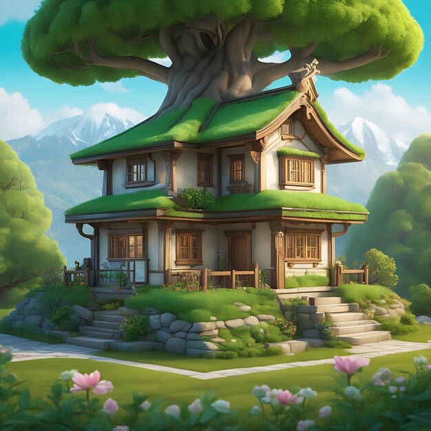 A cartoon house with a green roof and a tree in the corner ai generated