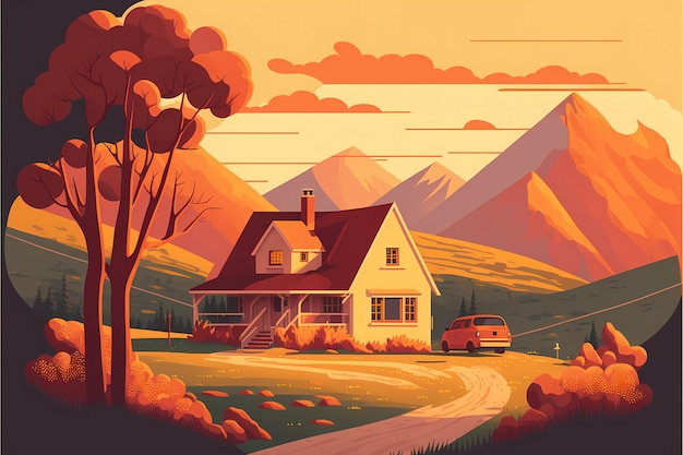 A cartoon house with a mountain in the background.