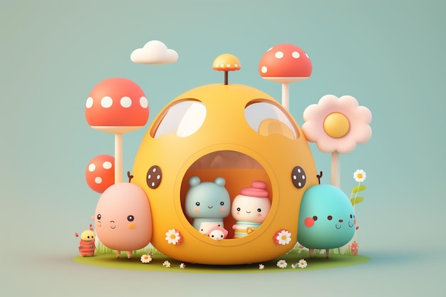 A cartoon house with a mushroom house and a cute little bunny.