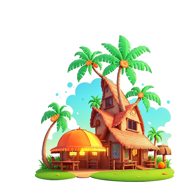 Photo a cartoon house with palm trees and a hut tshirt design