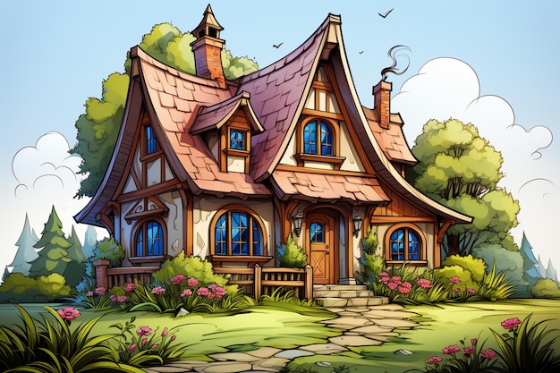 cartoon house with a pathway in the garden generativ ai