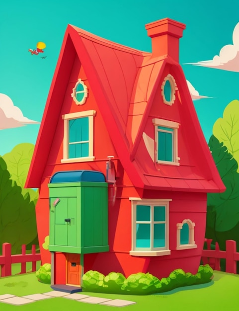 A cartoon house with a vibrant red roof and a bright green window