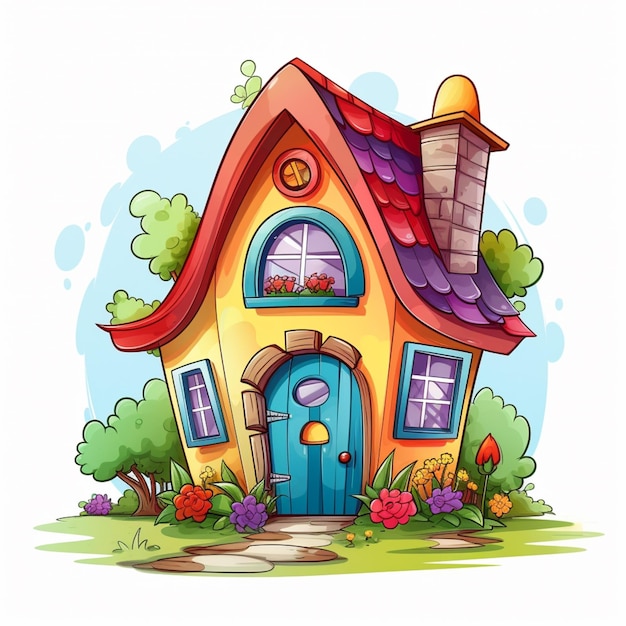 cartoon huis met een blauwe deur en een rood dak generatieve ai