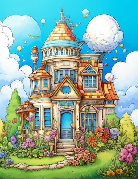 Cartoon huis met een tuin en bloemen in de voortuin generatieve ai
