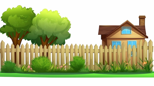 cartoon huis met groene tuin en houten hek