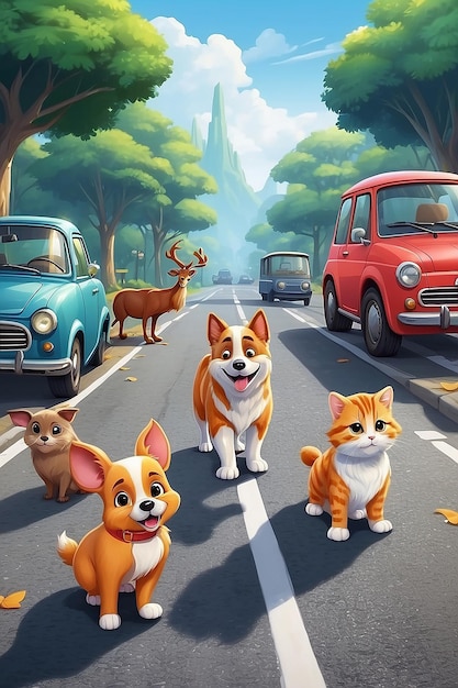 Cartoon huisdieren midden op de weg.