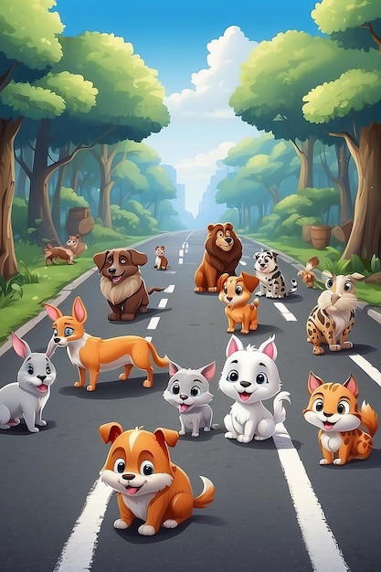 Cartoon huisdieren midden op de weg.
