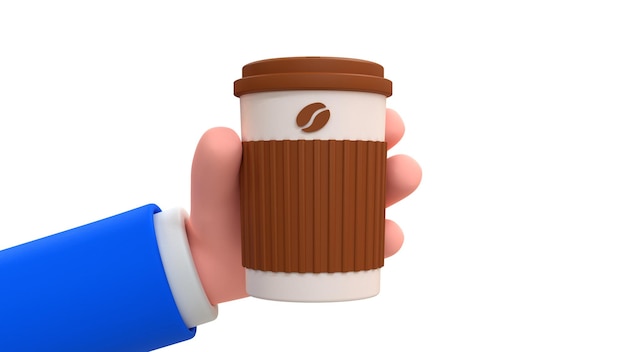 Cartoon human hand with coffee cup. 3d render illustration