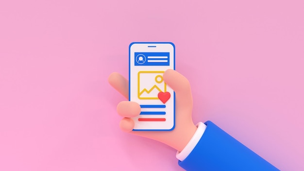 Мультфильм человеческая рука со смартфоном и профилем в социальной сети 3d визуализация иллюстрации