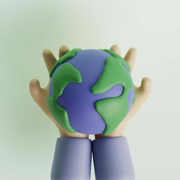 Cartoon human hands holding globe care about planet ecology concept safe world concept 3d render illustration