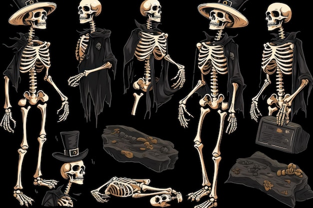 Cartoon human skeletons set Halloween illustration