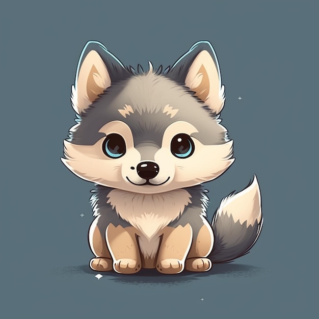 A cartoon of a husky dog with blue eyes sits on a blue background.