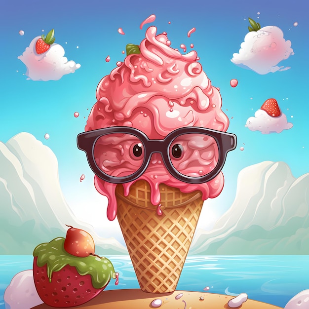 사진 핑크색 아이스크림과 딸기와 함께 만화 아이스크림 코너 생성 ai