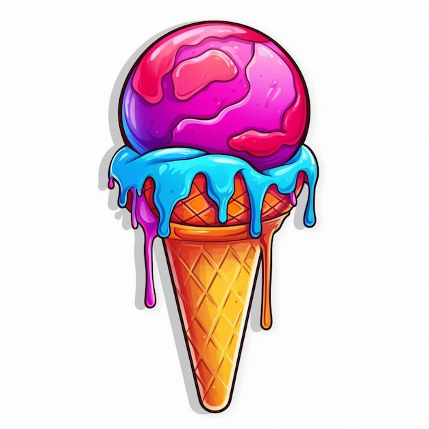 Cartoon ice cream cone with colorful toppings and dripping liquid generative ai