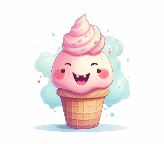 cartoon ice cream cone with a happy face and a pink frosting generative ai