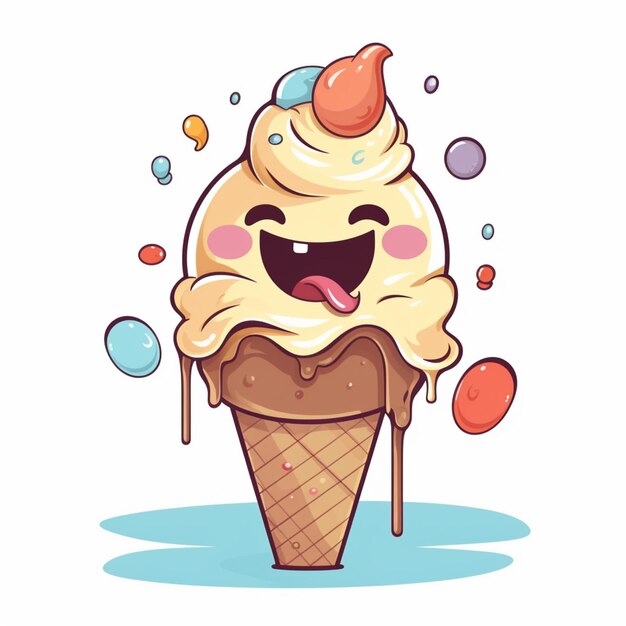 cartoon ice cream cone with a happy face and a sprinkle of chocolate generative ai