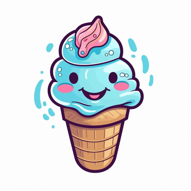 분홍색과 파란색 토핑 생성 ai가 있는 만화 아이스크림 콘
