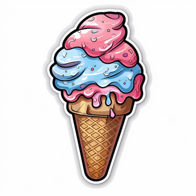 cartoon ice cream cone with pink and blue toppings on top generative ai