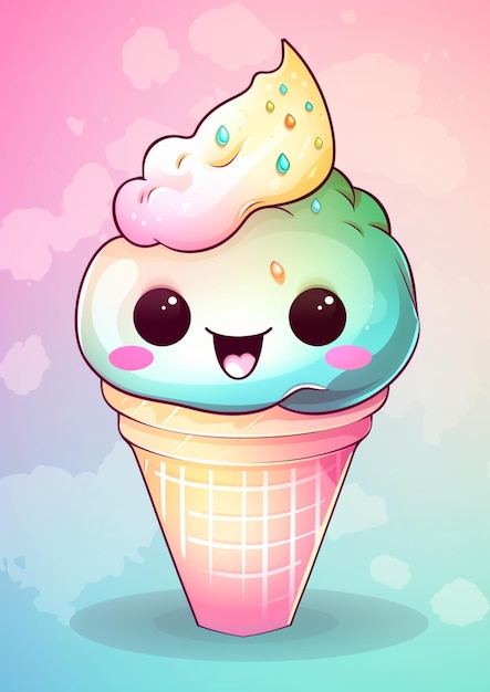Cartoon ice cream cone with a smiley face and sprinkles on top generative ai