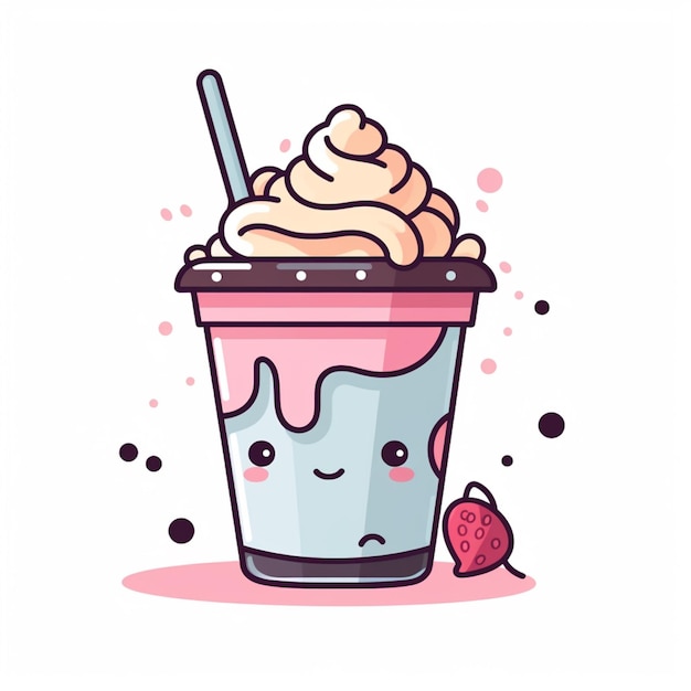 Photo a cartoon ice cream sundae with a straw and a strawberries generative ai