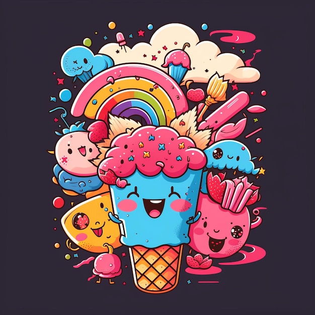 A cartoon ice cream with a pink ice cream cone and a rainbow.