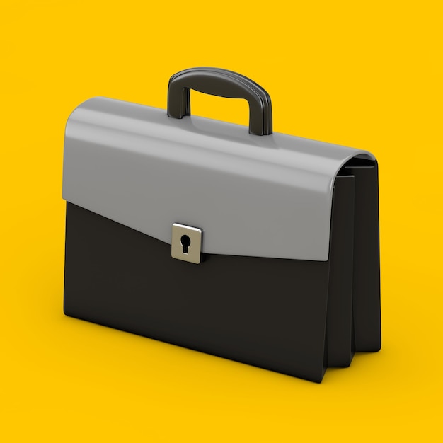 Портфель или школьная сумка с иконкой мультфильма на желтом фоне 3d-рендеринг