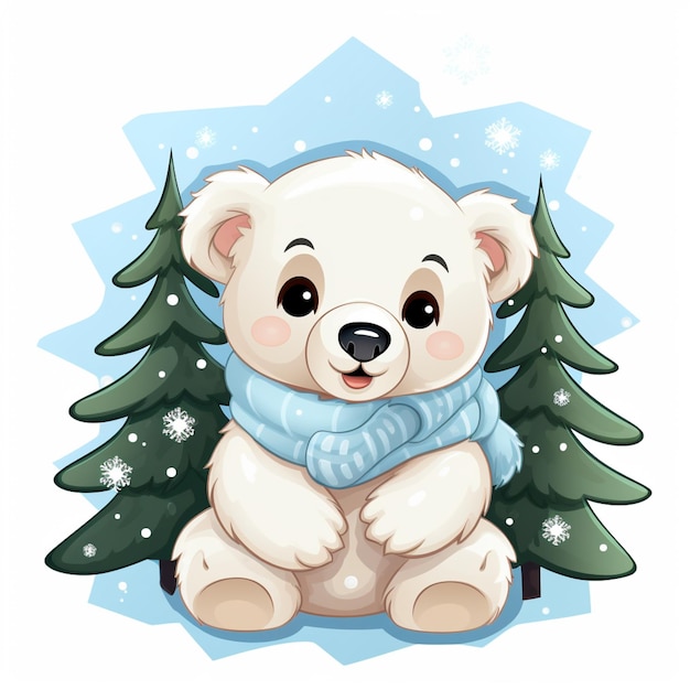 cartoon ijsbeer met sjaal en sjaal om zijn nek zittend naast bomen generatieve ai