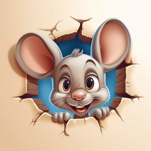 Foto cartoon illustratie een schattige muis die uit een gat in de muur kijkt