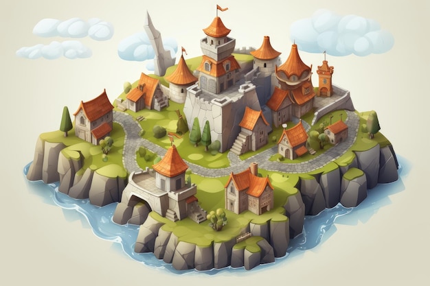 Cartoon illustratie Isometrische spel assets voor kaartontwerp middeleeuwse kasteel lage poly spritesheet