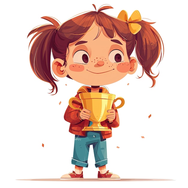 cartoon illustratie schattig klein meisje met gouden winnaar trofee in haar handen op witte achtergrond