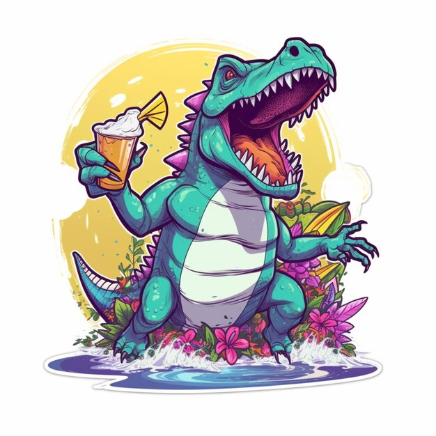 Cartoon illustratie van een dinosaurus die een bier en een beker bier vasthoudt.