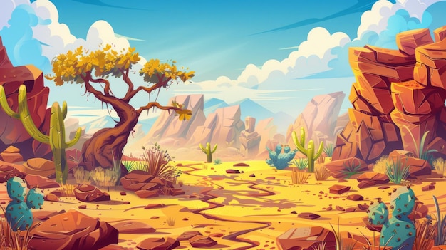 Cartoon illustratie van een exotische jungle met een baobab boom cactussen gele zand grond droge scheuren rotsachtige stenen wilde planten en een dageraad blauwe hemel met wolken