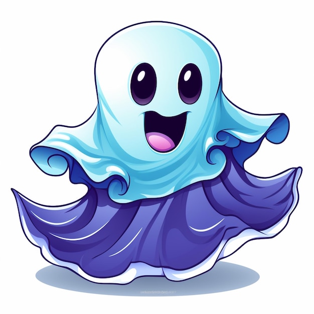 cartoon illustratie van een geest met een blauwe cape en een glimlach generatieve ai
