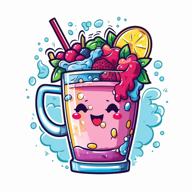 Foto cartoon illustratie van een glas fruit smoothie met een rietje en een riet generatieve ai