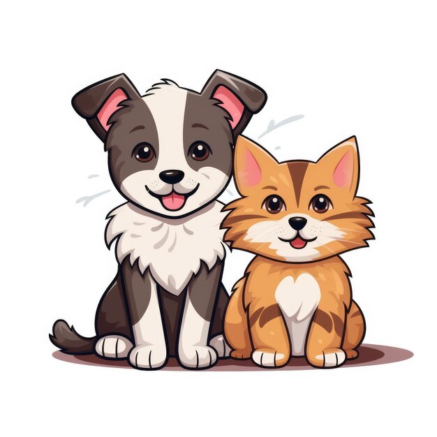 Cartoon-illustratie van een hond die naast een kat zit. Afbeelding gegenereerd door AI