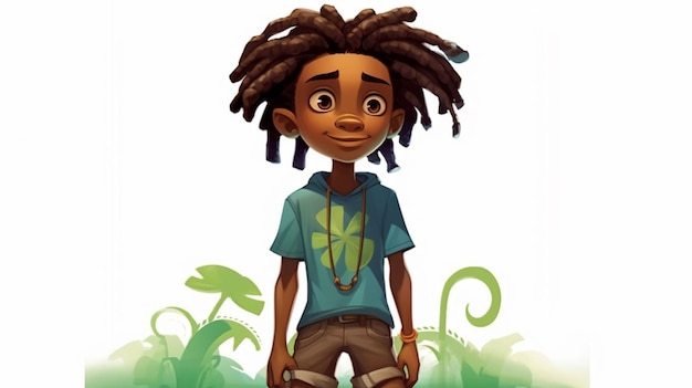 cartoon illustratie van een jongen met dreadlocks staande in het gras generatieve ai