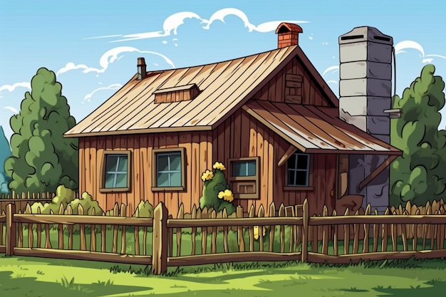 Cartoon illustratie van een klein houten huisje in een veld met een hek generatieve ai