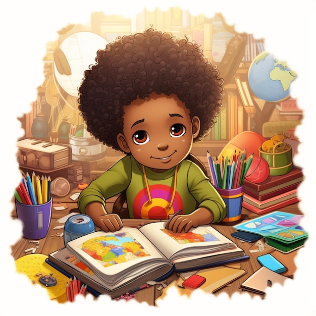 Cartoon illustratie van een klein meisje dat aan een bureau zit met een boek generatief ai