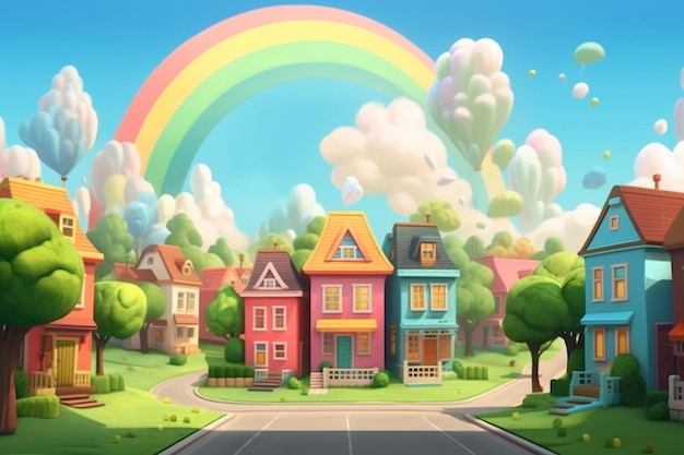 Cartoon illustratie van een kleurrijke stad met een regenboog in de lucht generatieve ai