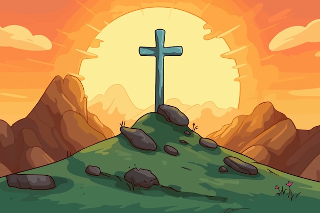 Cartoon illustratie van een kruis op een heuvel met de ondergaande zon erachter