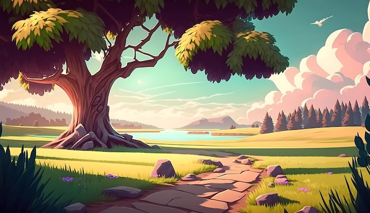 Foto cartoon illustratie van een pad in een groen veld met een boom