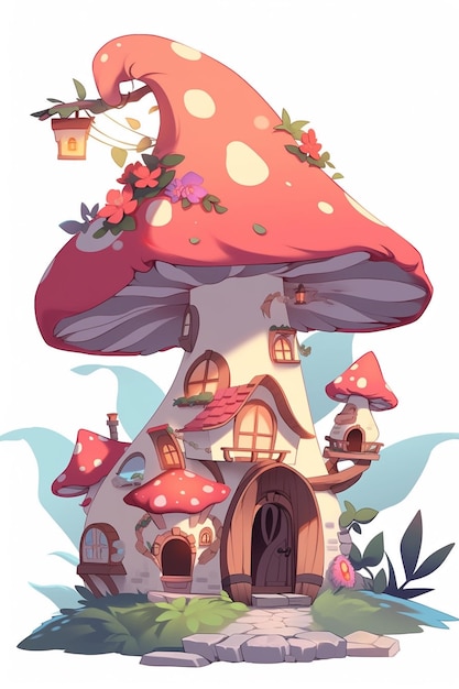 Cartoon illustratie van een paddenstoel huis met een vogelhuis en een vogel generatieve ai