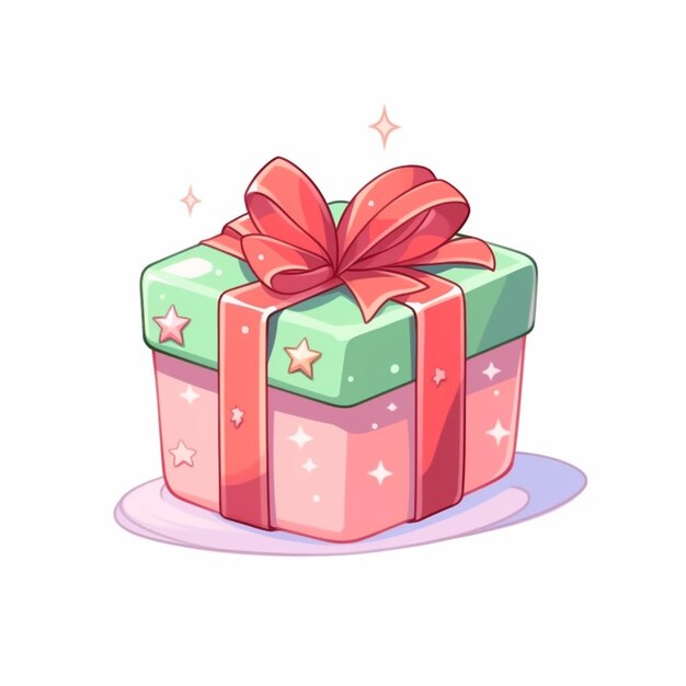 Foto cartoon illustratie van een roze en groene cadeau doos met een rode boog generatieve ai
