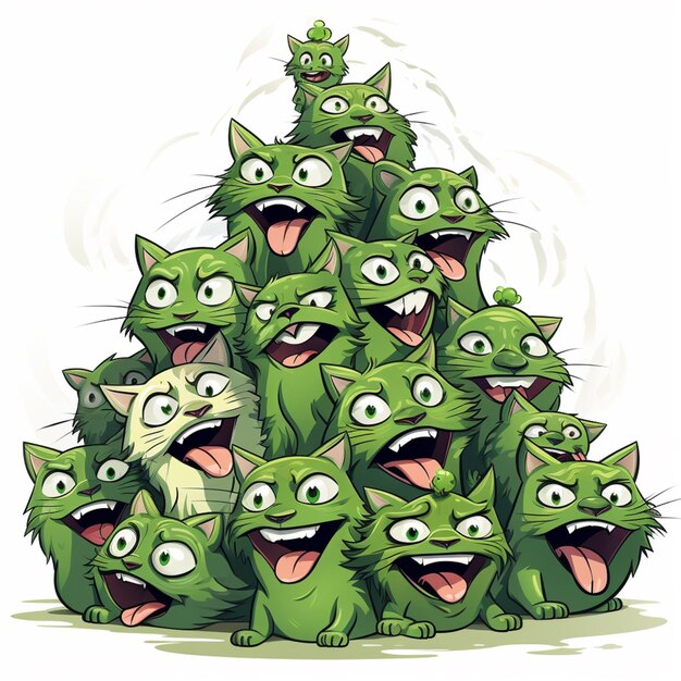 Foto cartoon illustratie van een stapel groene katten met hun mond open generatieve ai