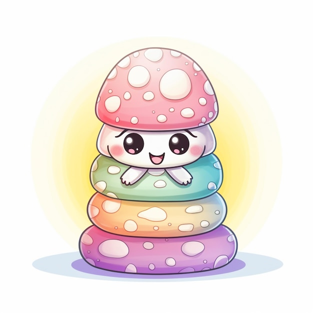 cartoon illustratie van een stapel kleurrijke donuts met een schattig gezicht generatieve ai