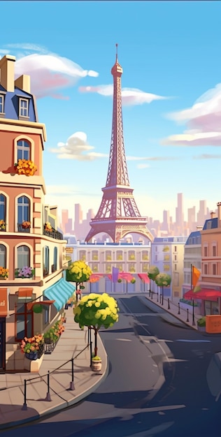 cartoon illustratie van een straat in een Europese stad met uitzicht op de Eiffeltoren generatieve ai