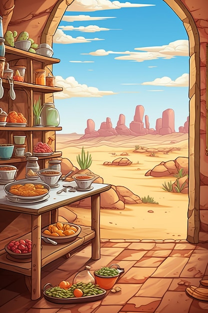 cartoon illustratie van een woestijn scène met een tafel en een plank vol met voedsel generatieve ai