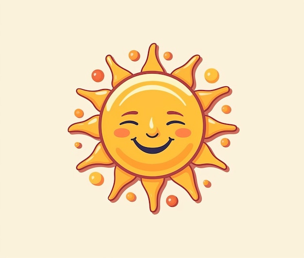 Cartoon illustratie van een zon met een glimlach erop.