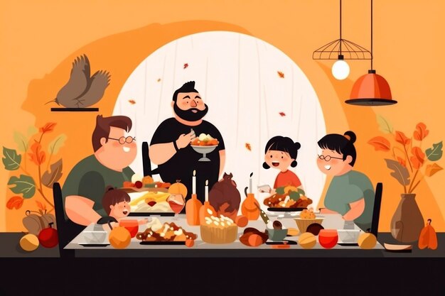 cartoon illustratie van familie vieren in Thanksgiving