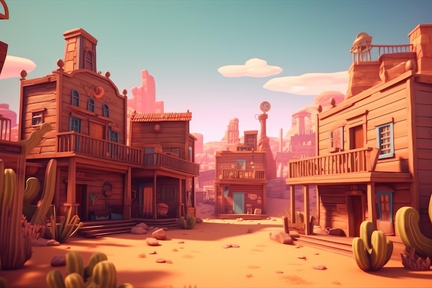 Cartoon illustratie van Old West Town met lege straat 3D-stijl illustratie